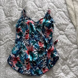Maxine of Hollywood Teal Blue Red Tropical One-Piece Swimsuit 16 w